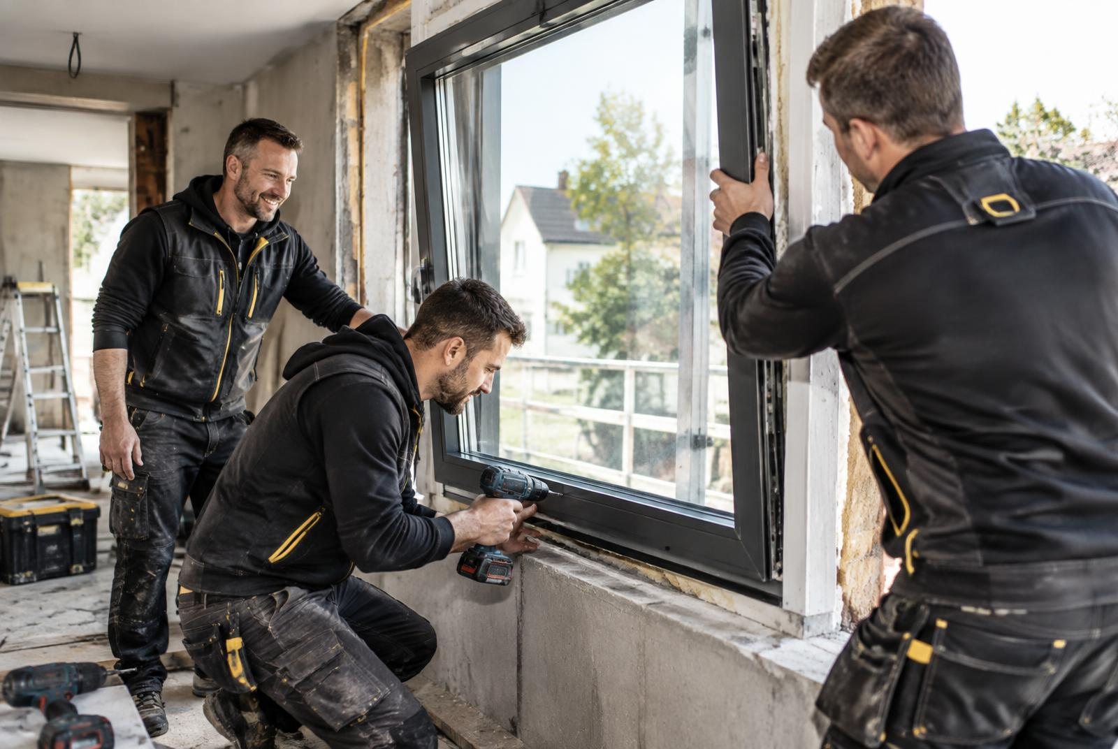 Drei Monteure setzen gemeinsam ein großes Fenster ein